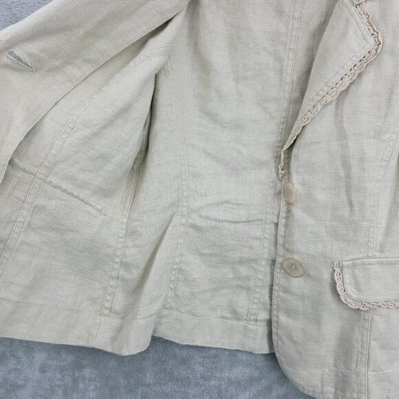 Intuitions Cropped Blazer 2 Natural Linen Lace Trim Floral Buttons Cottagecore - Picture 9 of 13